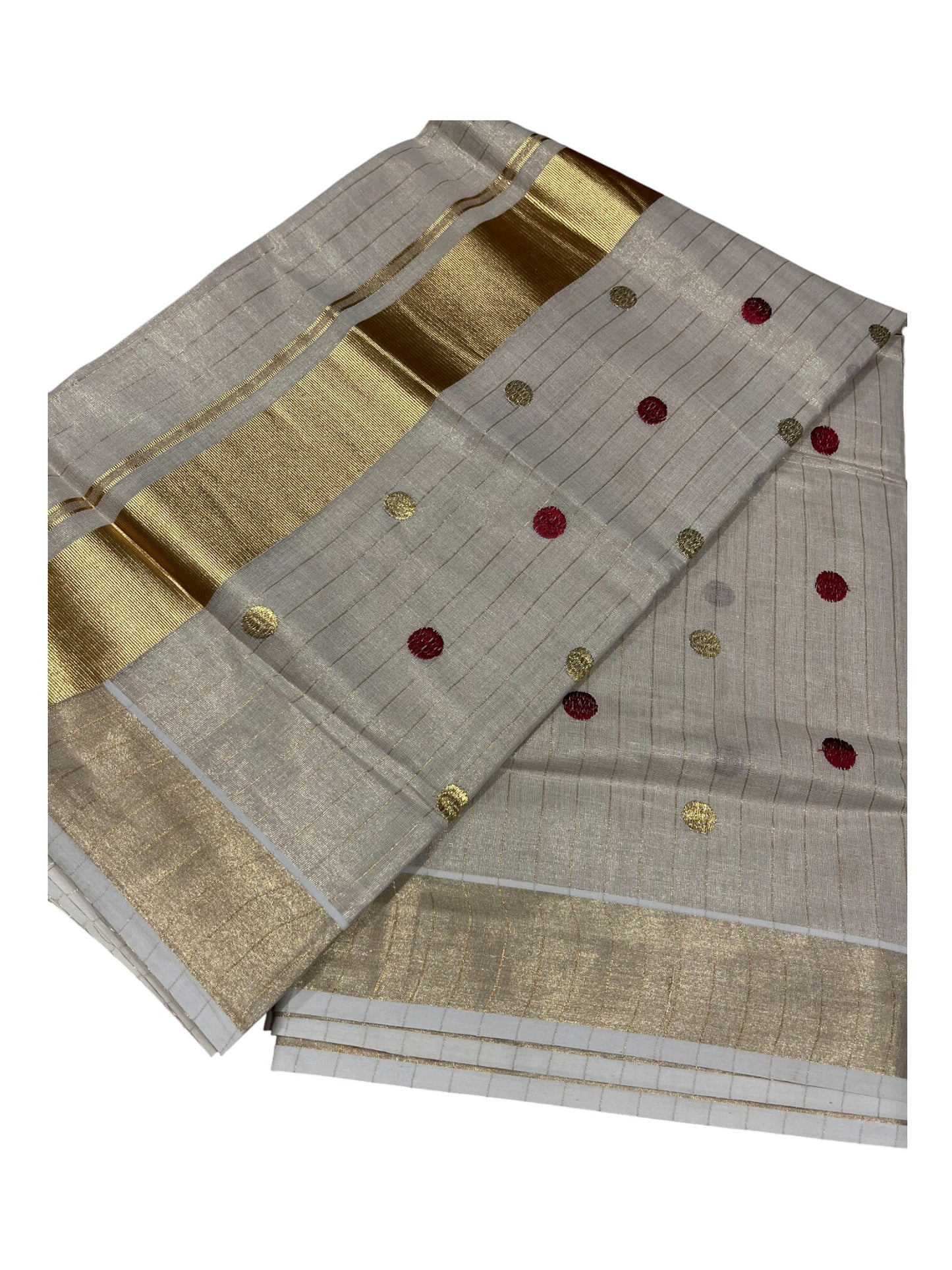 Southloom Kerala Tissue Kasavu Saree with Gold& Maroon Polka Embroidery Works on Body