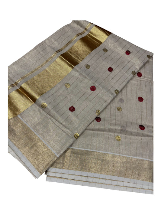 Southloom Kerala Tissue Kasavu Saree with Gold& Maroon Polka Embroidery Works on Body