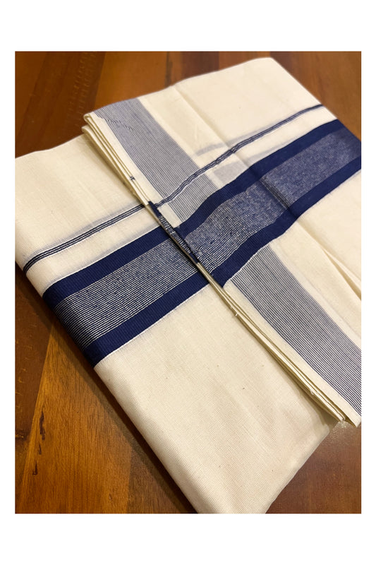 Kerala Pure Cotton Double Mundu with Dark Blue and Silver Kasavu Border (South Indian Kerala Dhoti)