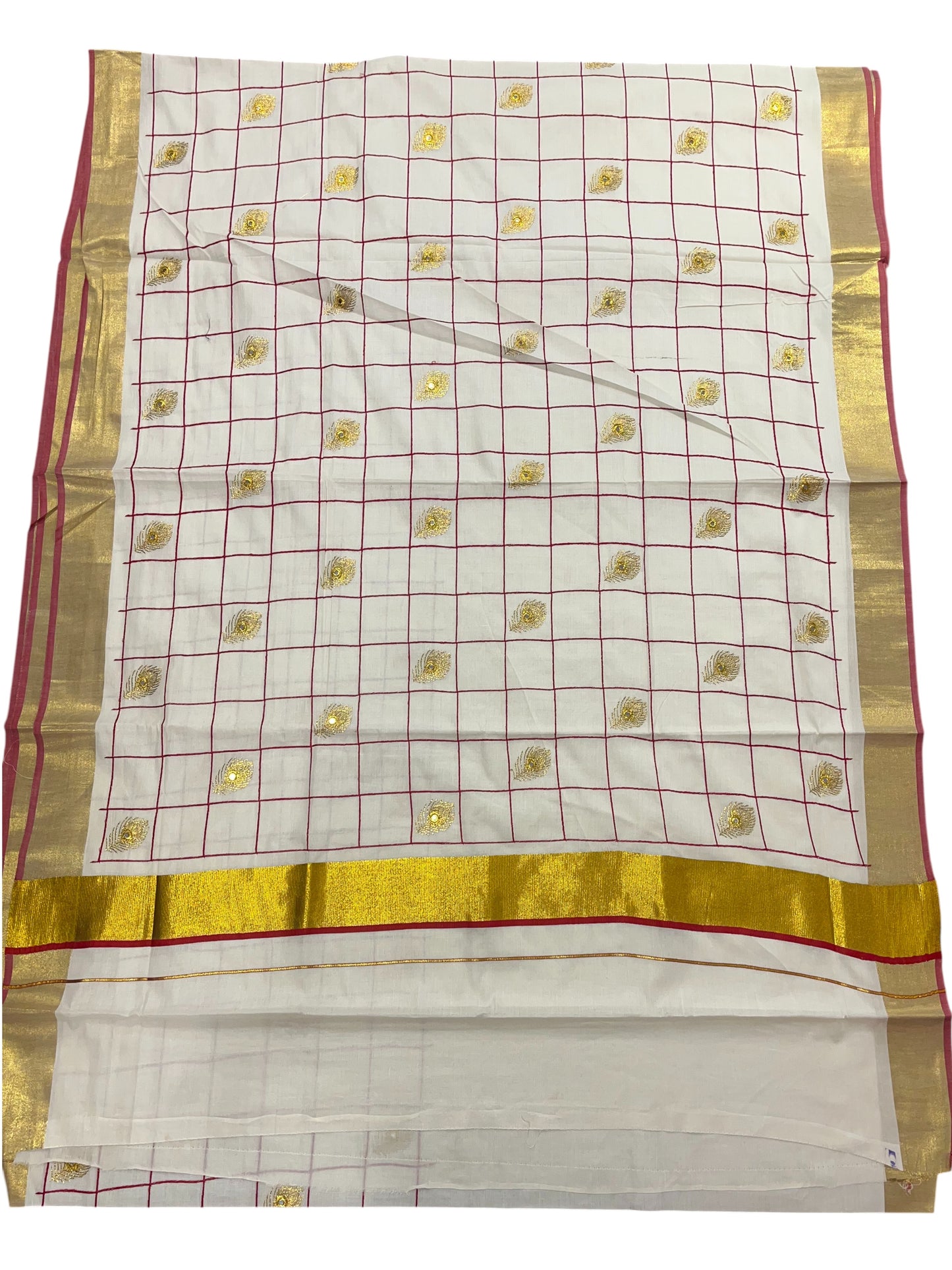 Southloom Kerala Cotton Saree with Red and Golden Peacock feather Embroidery Works