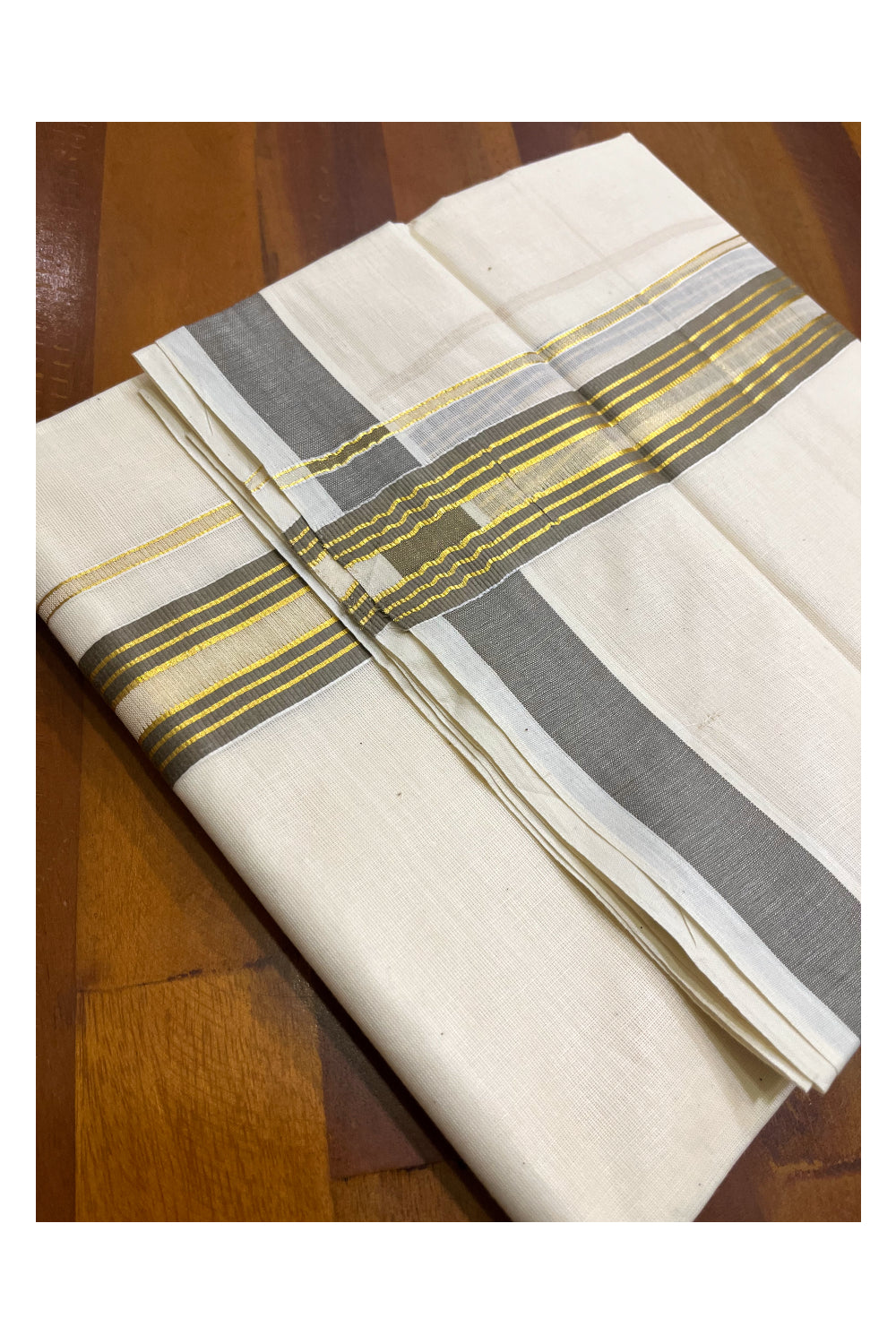 Kerala Pure Cotton Double Mundu with Grey and Kasavu Lines Border (South Indian Kerala Dhoti)