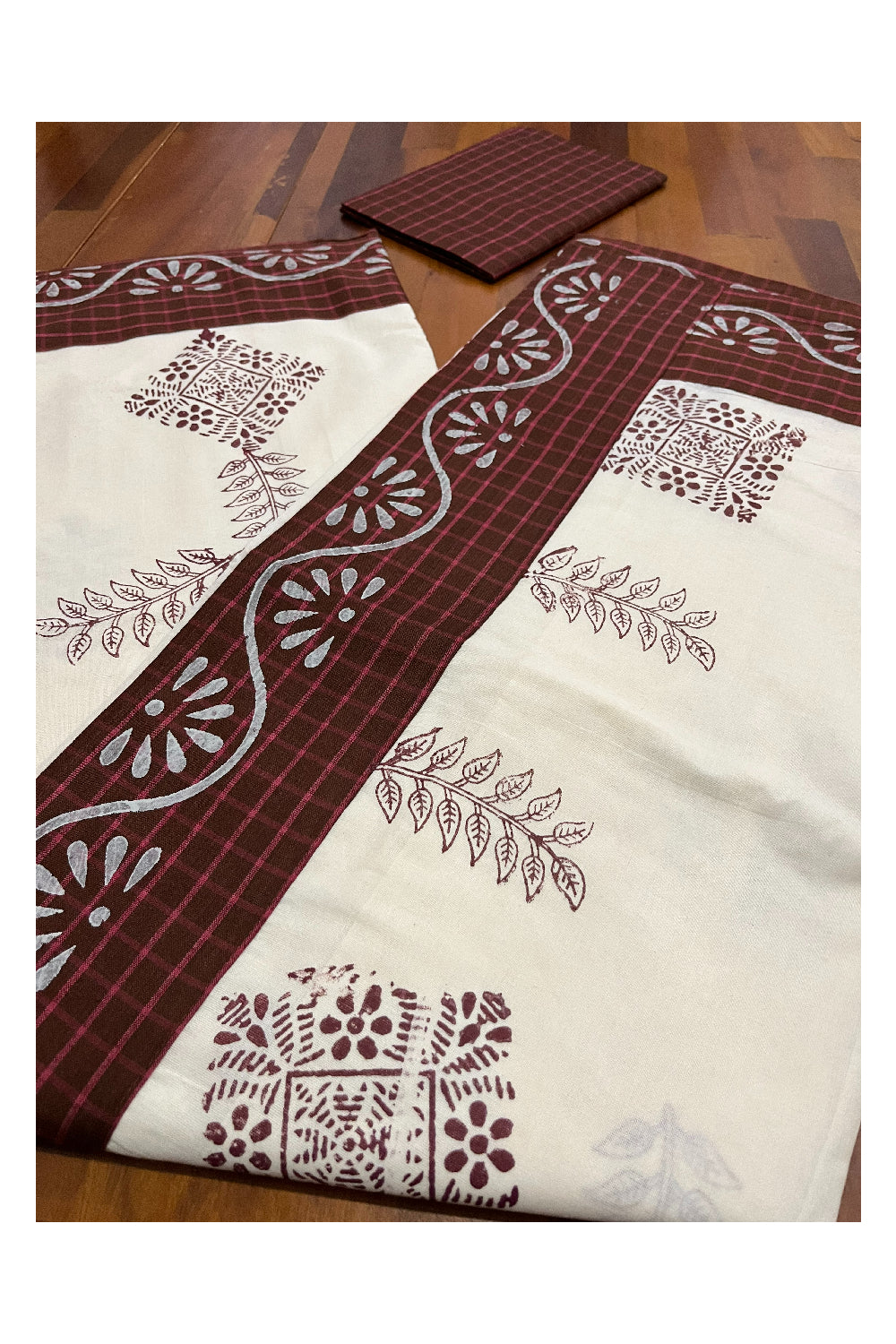 Pure Cotton Onam 2023 Kerala Saree with Hand Block Maroon Batik Prints