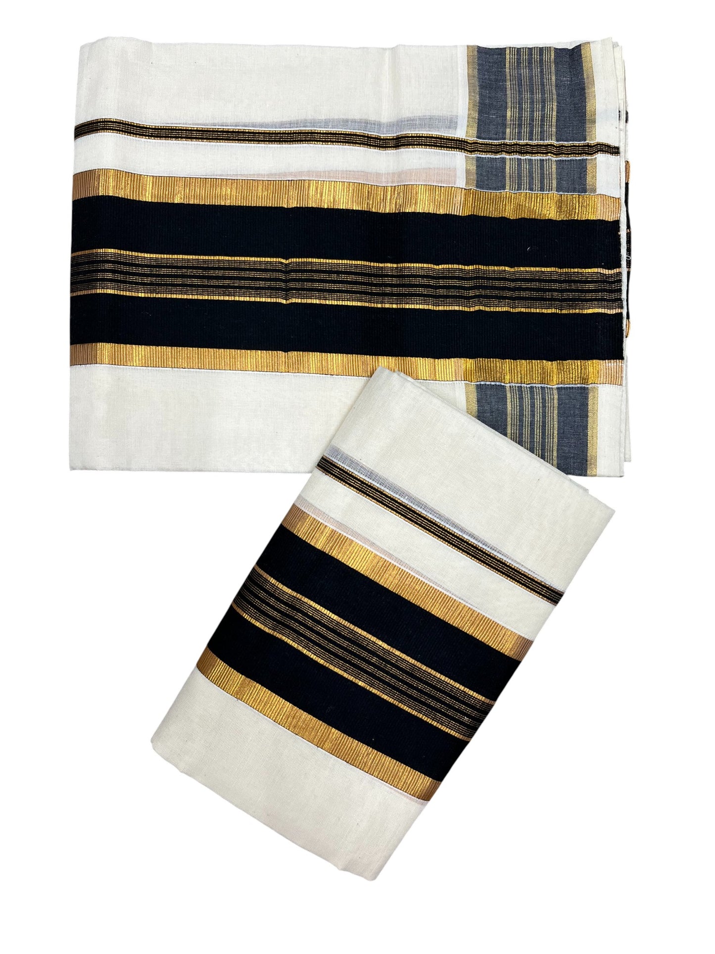 Kerala Cotton Set Mundu (Mundum Neriyathum) with Kasavu and Black Border in 2.80 Mtrs