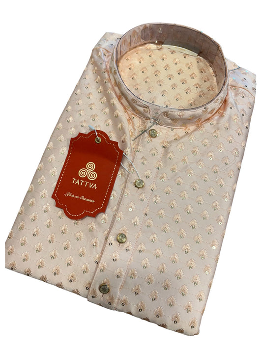 Southloom Beige Woven Patterns Semi Silk Short Kurta for Men