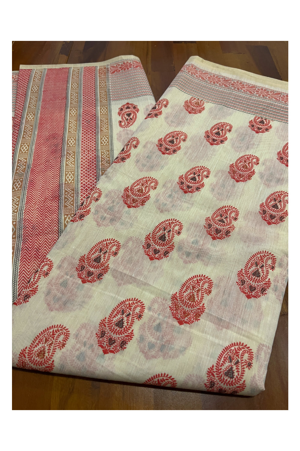 Southloom Cotton Light Brown Saree with Red Paisley Prints