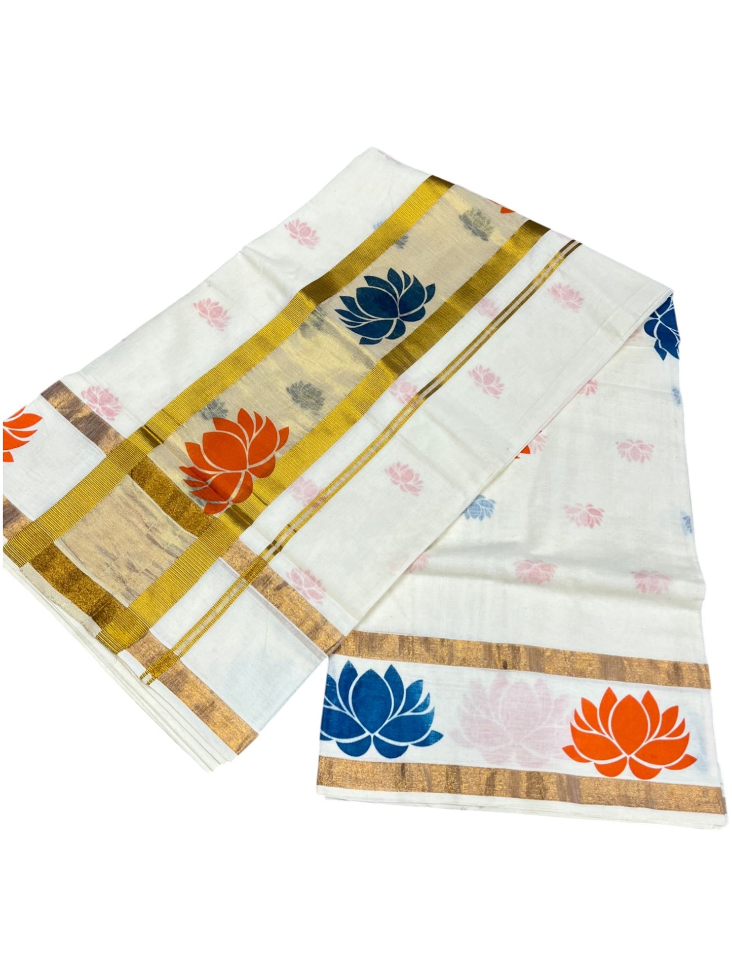 Southloom Cotton Kerala Kasavu Saree with Lotus Block Prints on Body and Border in Blue and Orange