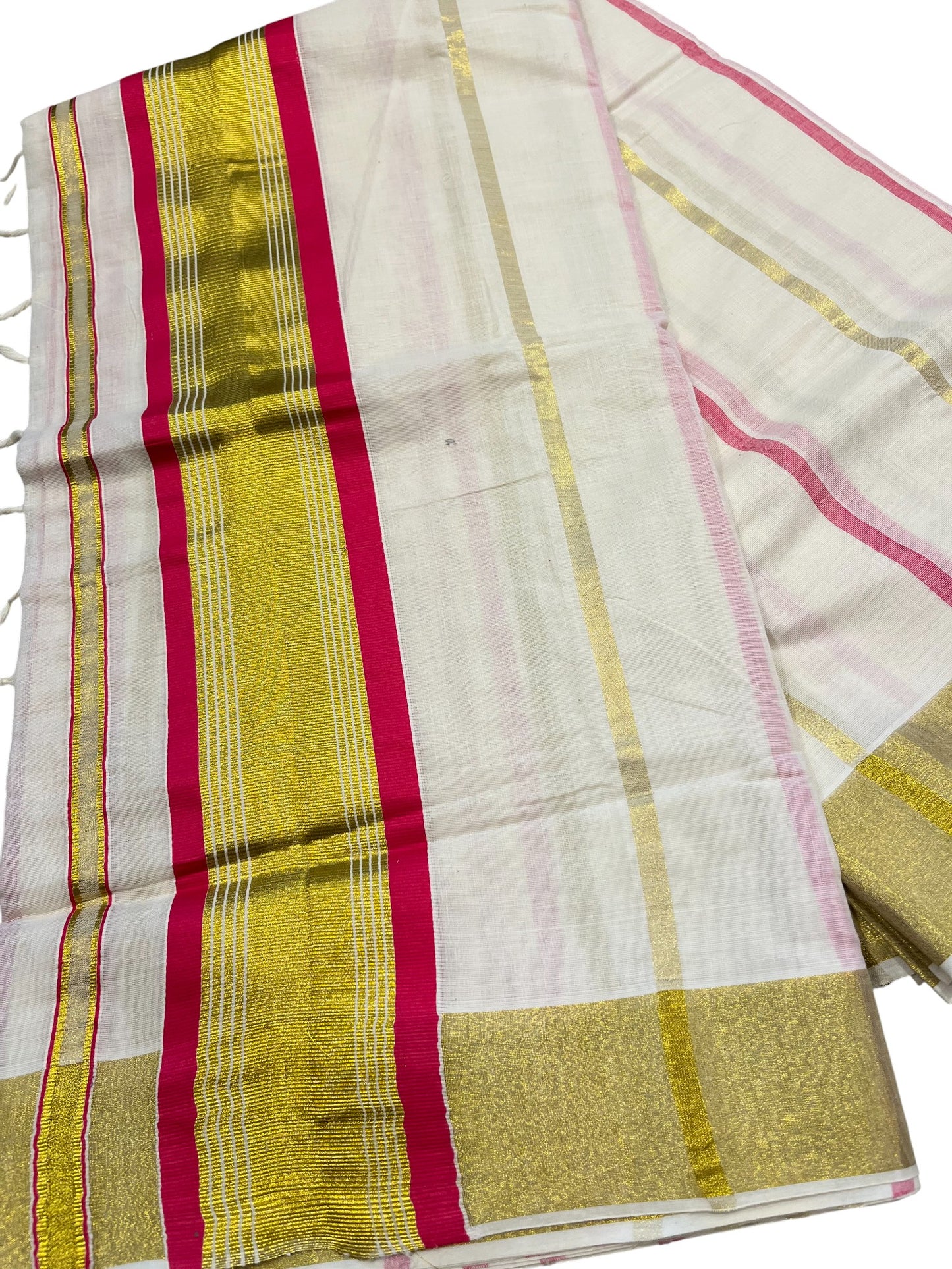 Southloom Kerala Cotton Kasavu Saree with Gold And Pink Lines on Body