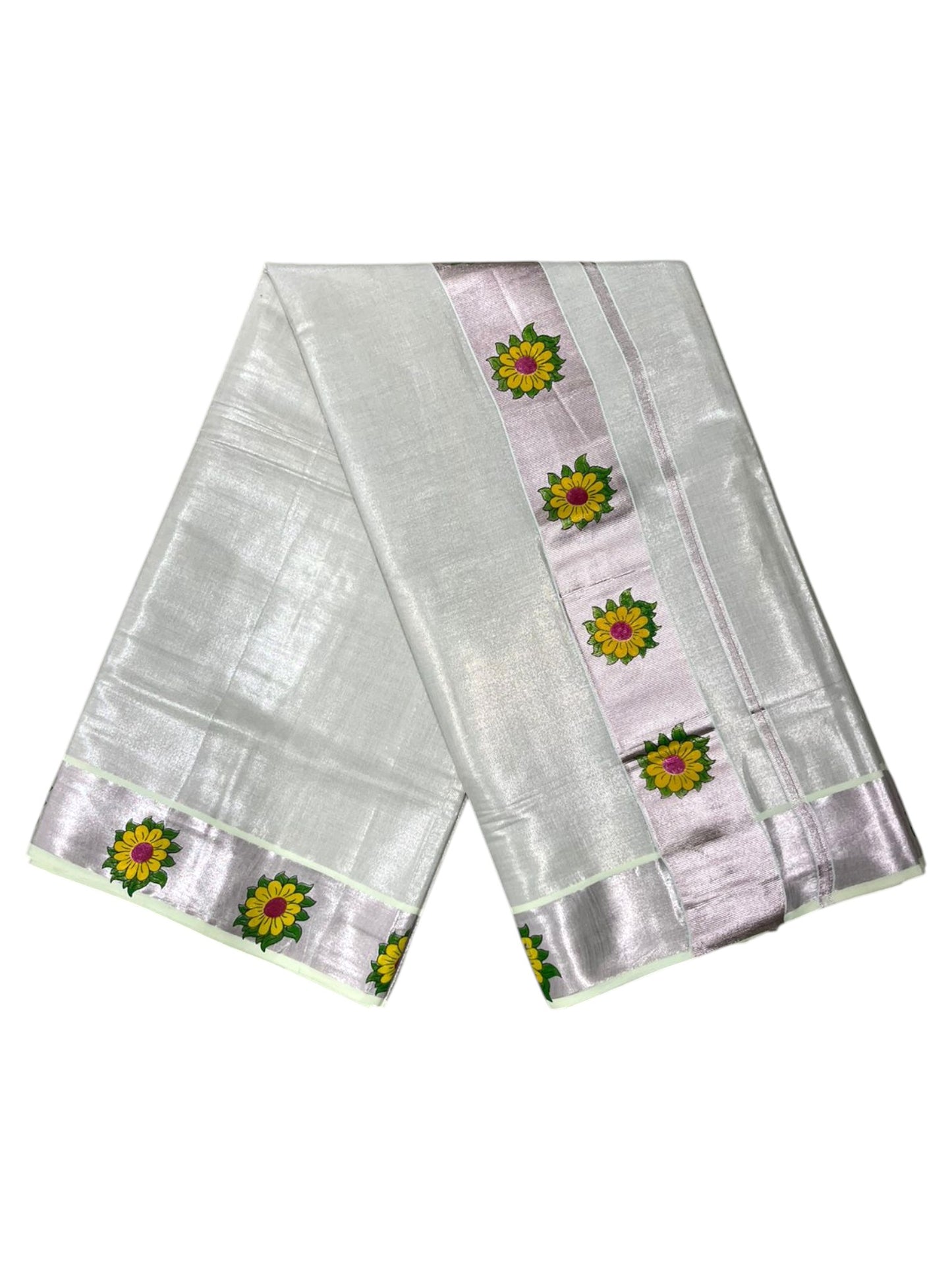 Southloom Kerala Rose Gold Tissue Kasavu Saree with Floral Prints on Border and Pallu