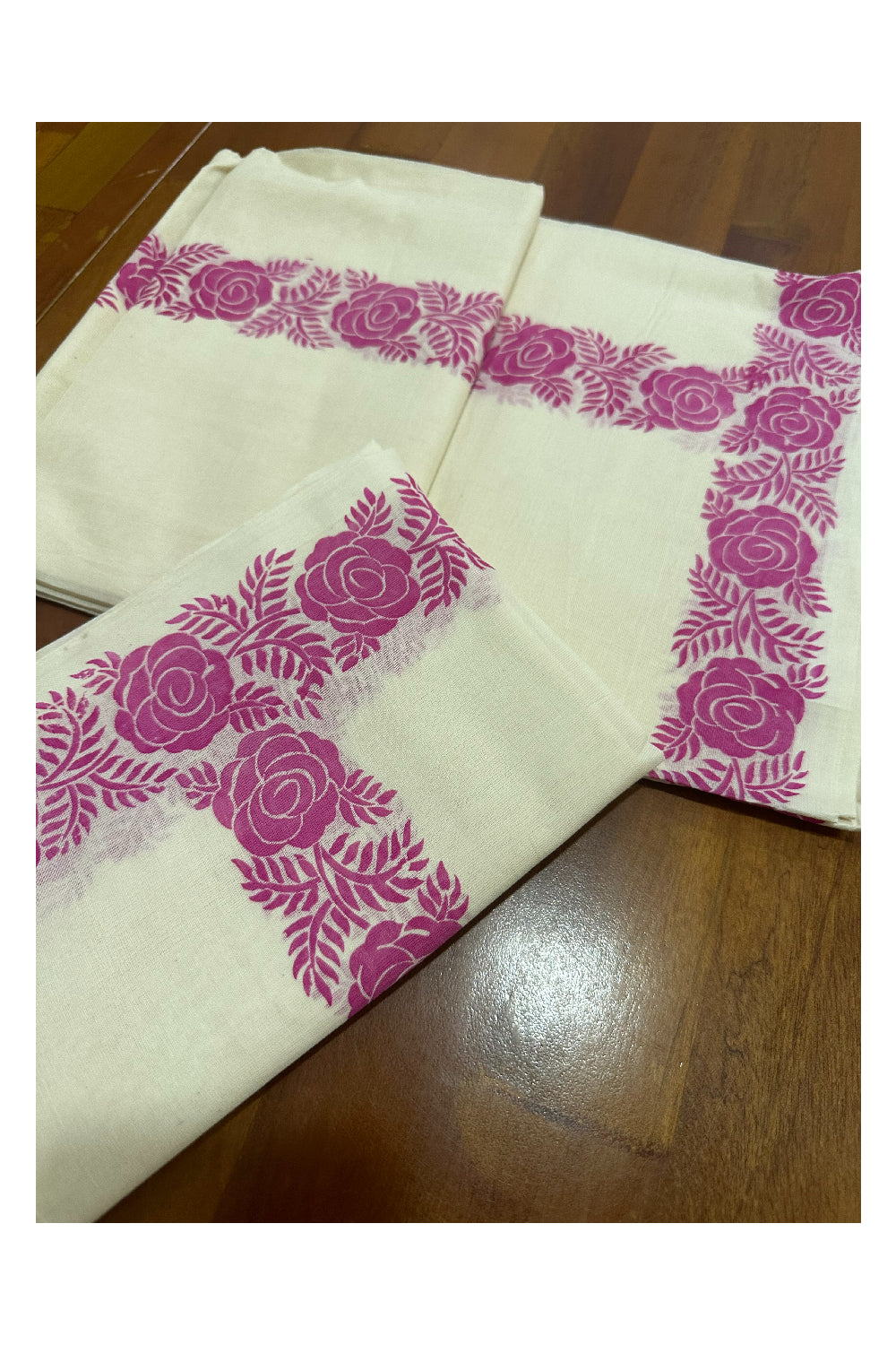 Kerala Cotton Set Mundu (Mundum Neriyathum) with Pink Floral Block Printed Border (Onam Set Mundu 2023)