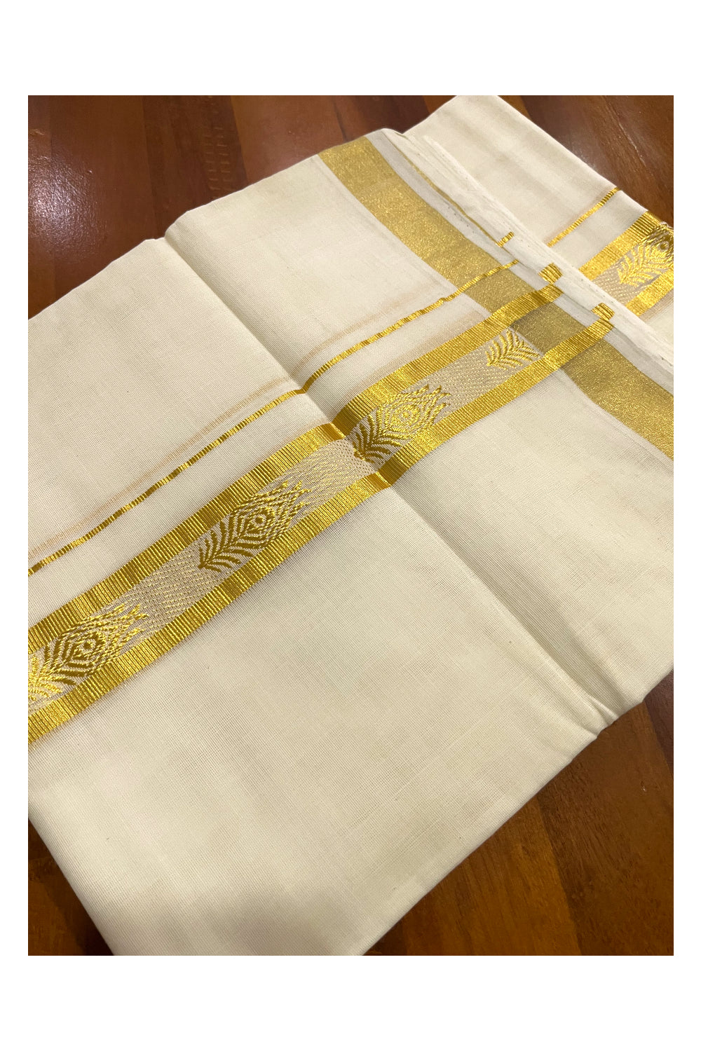 Southloom Premium Handloom Cotton Mundu with Kasavu Feather Woven Border