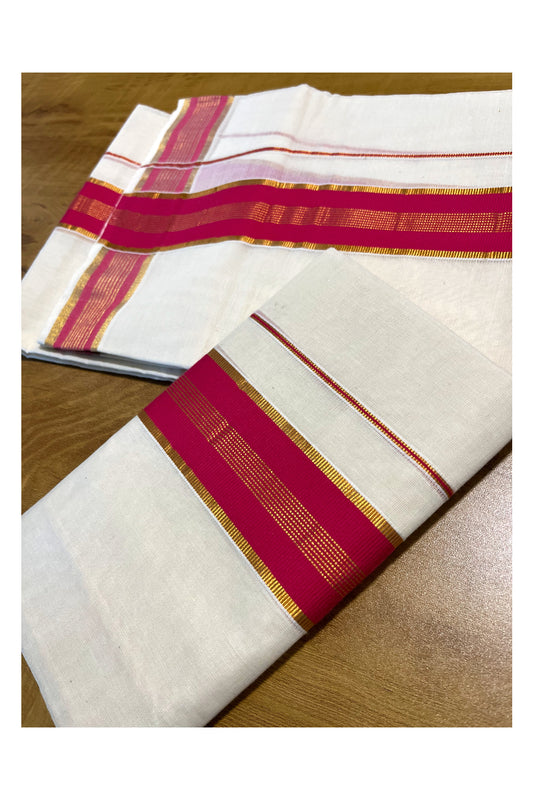 Kerala Cotton Mundum Neriyathum Single (Set Mundu) with Dark Pink and Kasavu Border