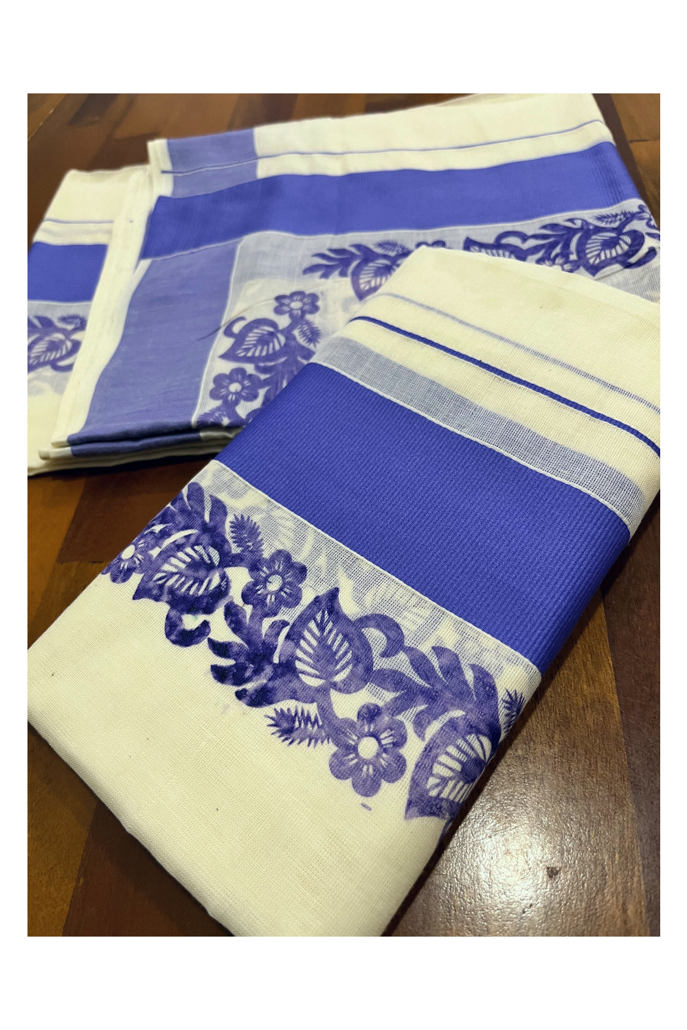 Kerala Pure Cotton Set Mundu Single (Mundum Neriyathum) with Light Violet Floral Block Prints