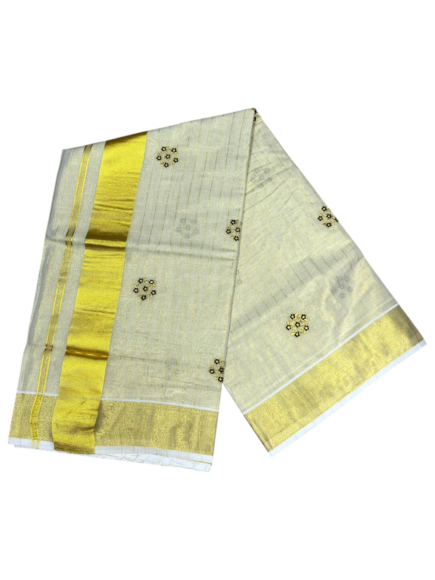 Southloom Kerala Tissue Kasavu Lines Saree with Green Floral Embroidery Design on Body