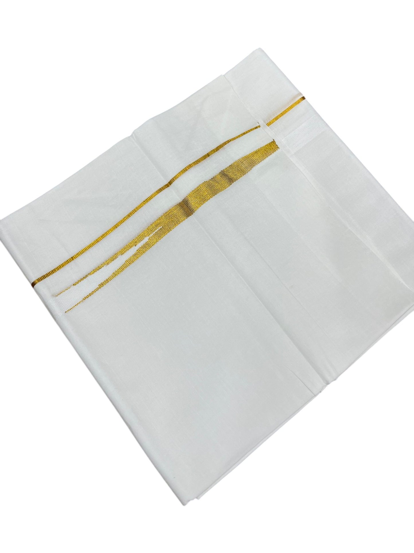 Southloom Pure White Cotton Double Mundu with Gold Chuttikara and White Border (South Indian Dhoti)