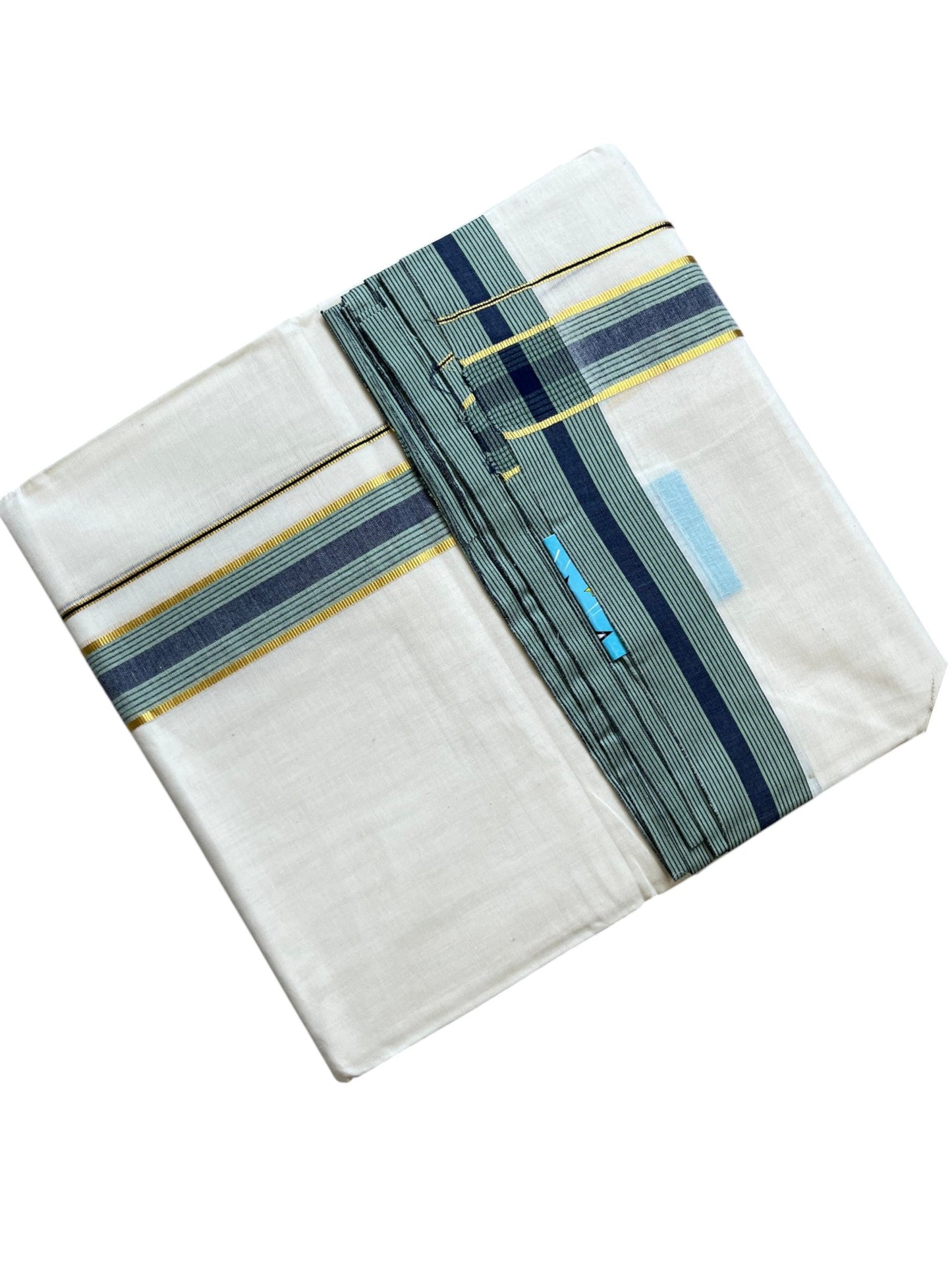 Southloom Pure Cotton Mundu with Golden Lines and Blue & Green Border (South Indian Kerala Dhoti)