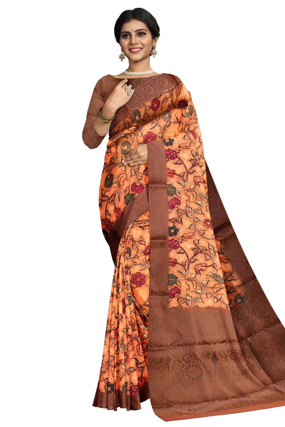 Southloom Semi Tussar Orange Floral Designer Saree