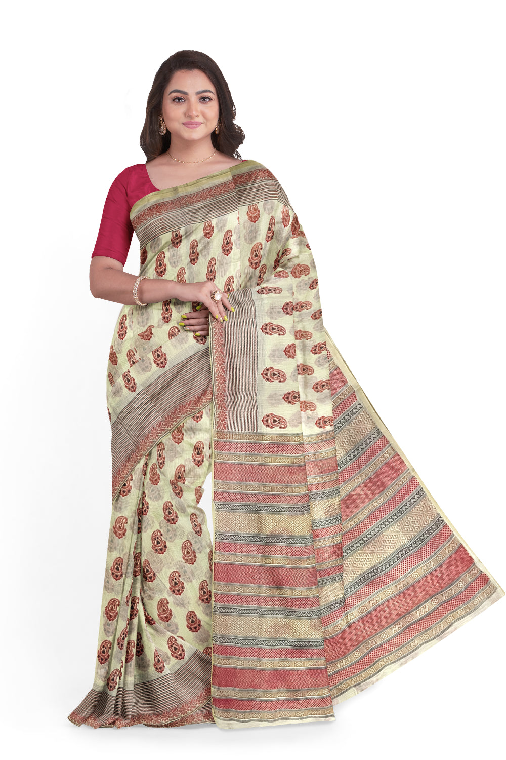Southloom Cotton Light Brown Saree with Red Paisley Prints