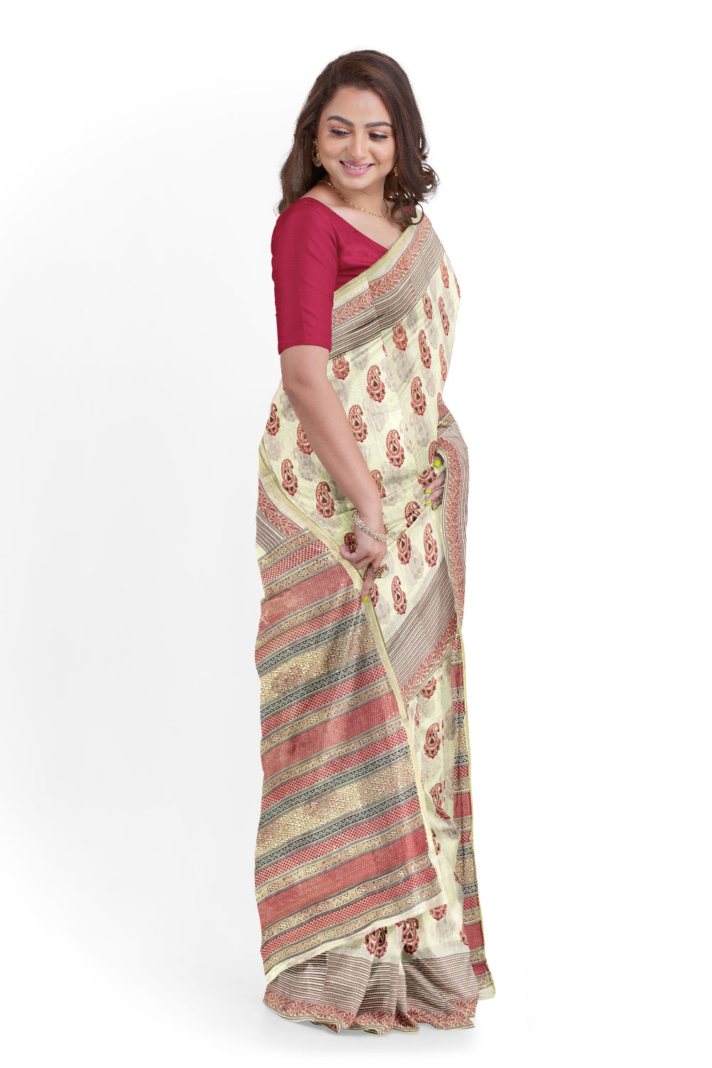 Southloom Cotton Light Brown Saree with Red Paisley Prints