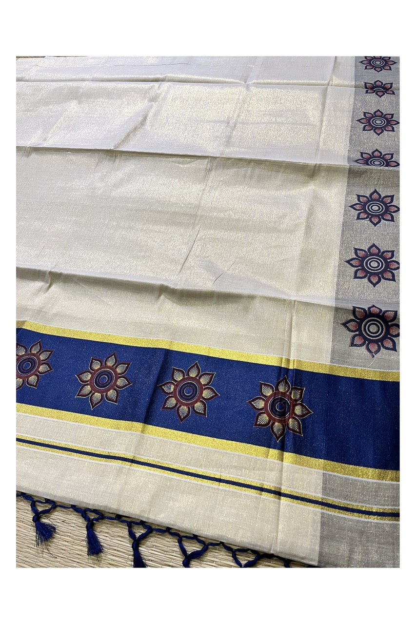 Kerala Tissue Kasavu Saree with Floral Block Prints in Dark Blue Border