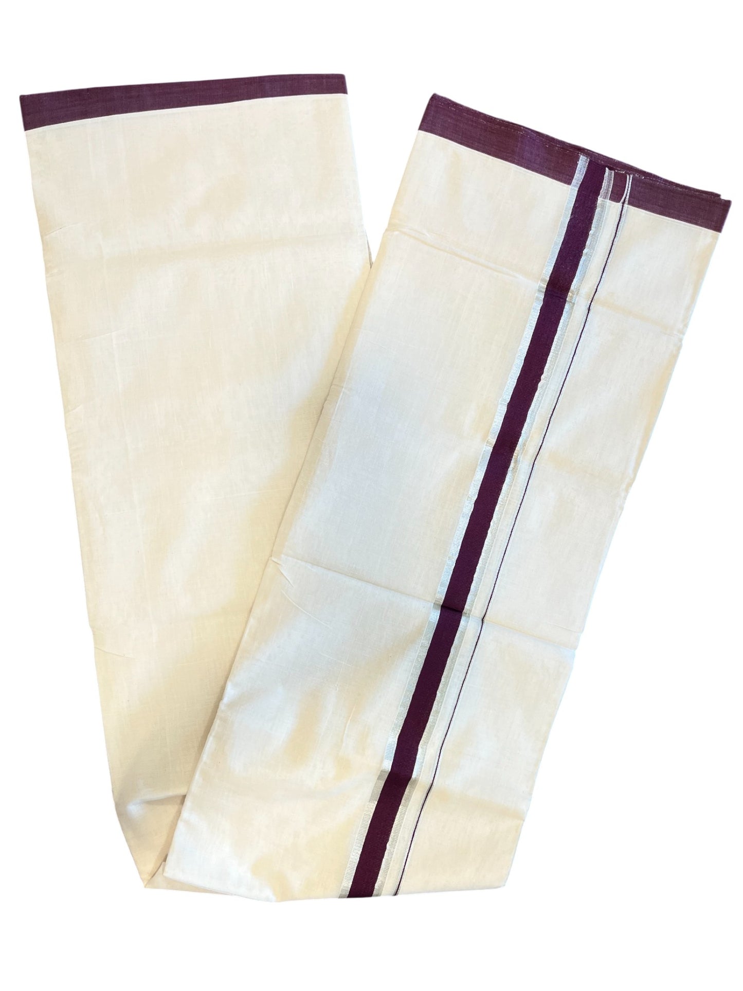 Southloom Premium Handloom Cotton Double Mundu with Silver and Purple Border