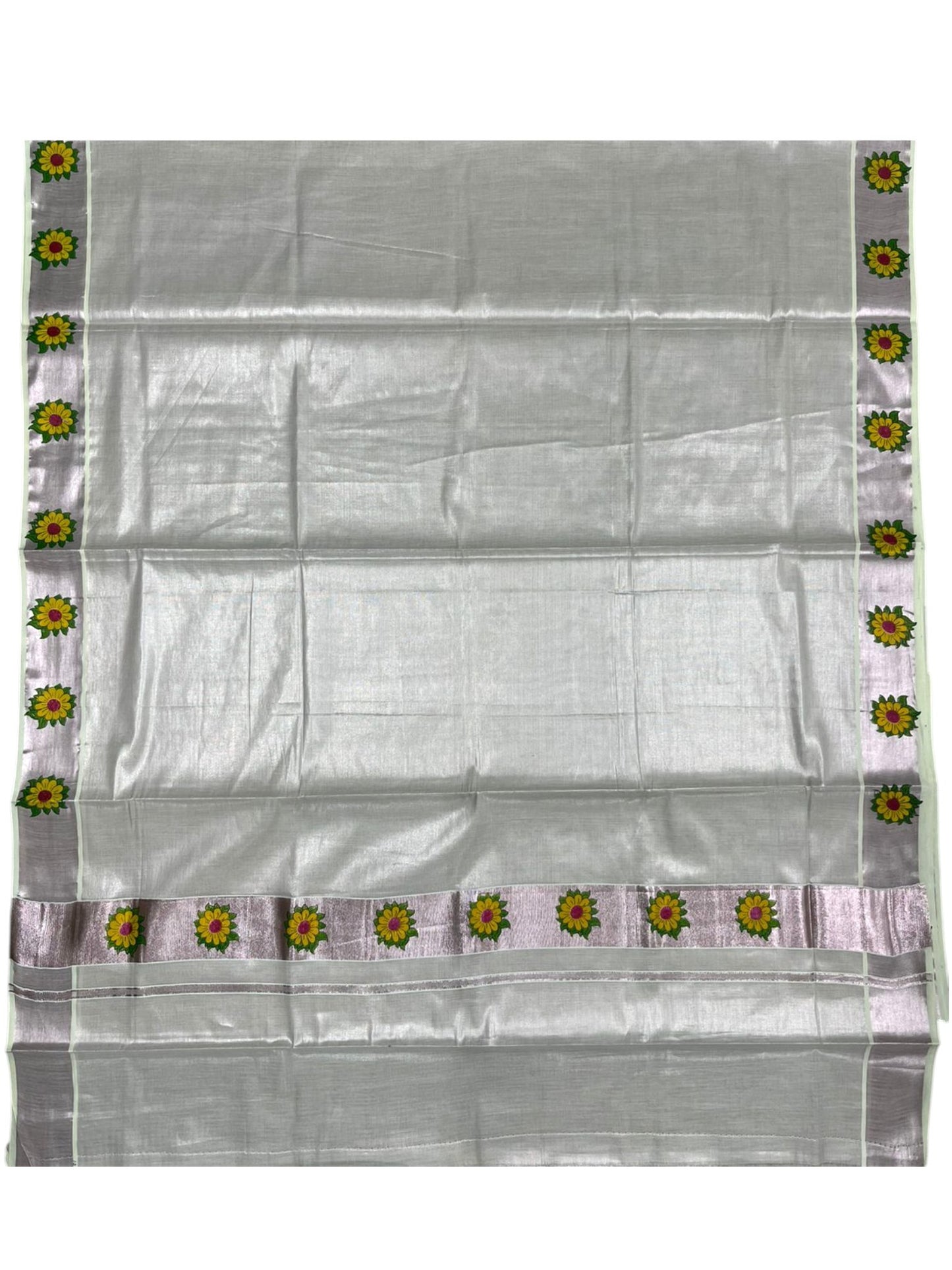 Southloom Kerala Rose Gold Tissue Kasavu Saree with Floral Prints on Border and Pallu