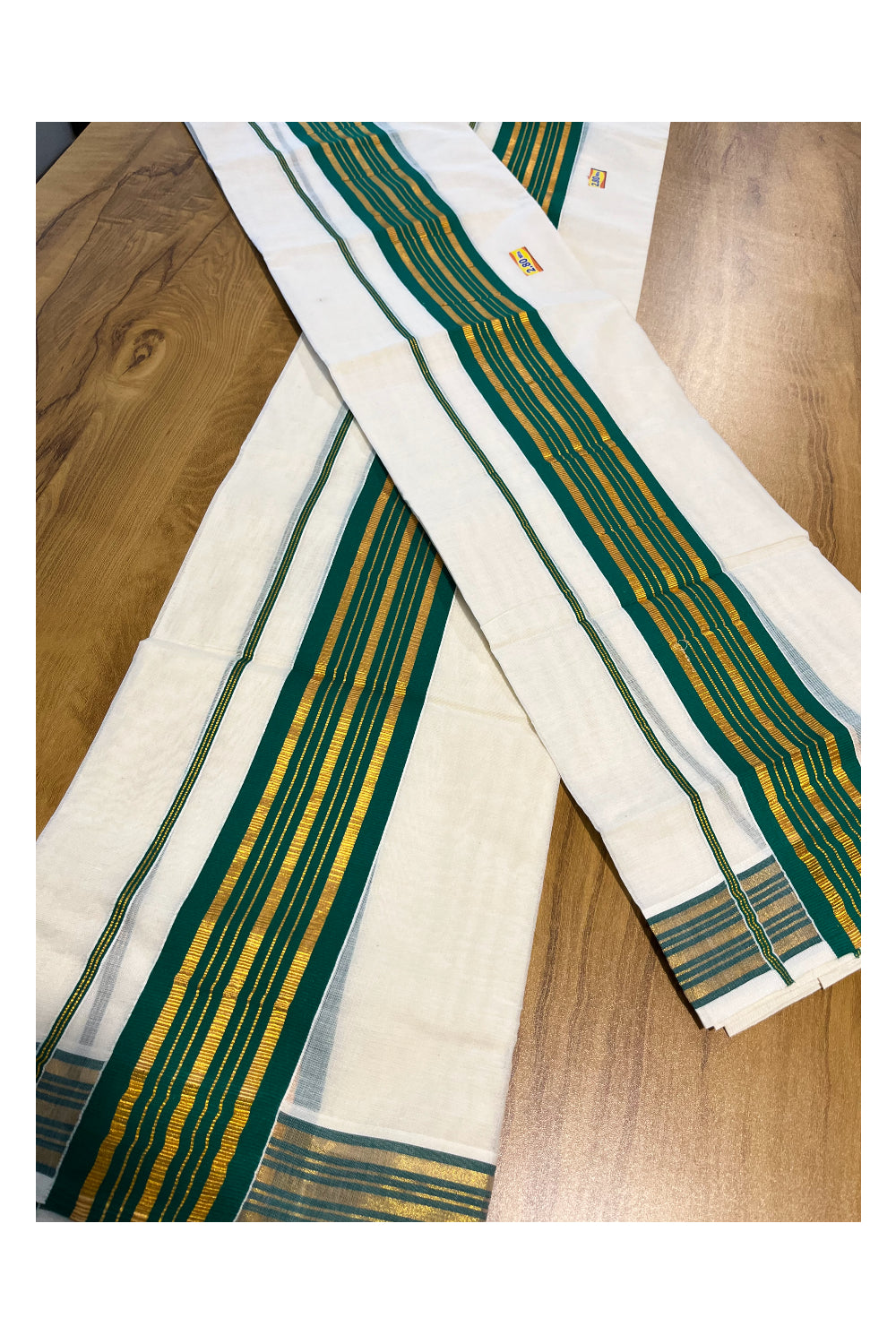 Kerala Cotton Set Mundu (Mundum Neriyathum) with Kasavu and Green Border 2.80 Mtrs