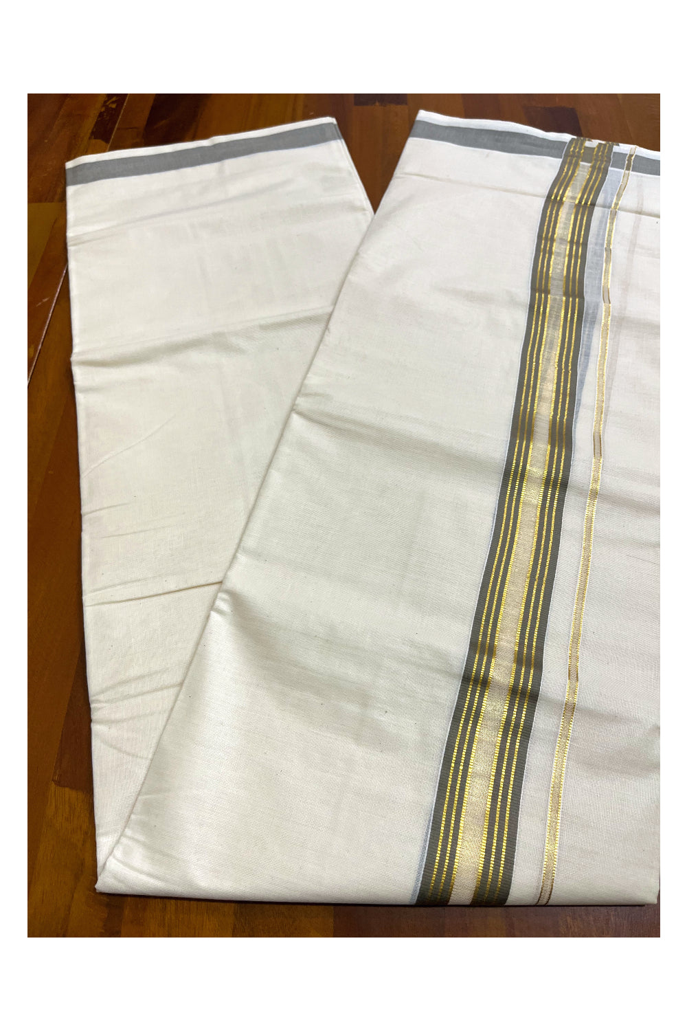 Kerala Pure Cotton Double Mundu with Grey and Kasavu Lines Border (South Indian Kerala Dhoti)