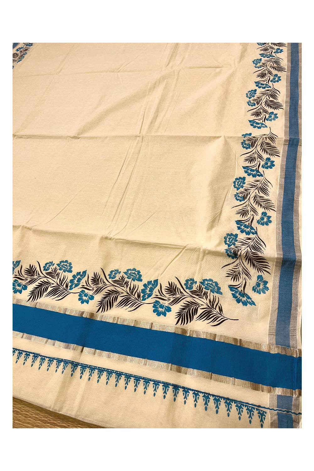 Pure Cotton Kerala Saree with Blue Black Floral Block Prints and Silver Blue Border