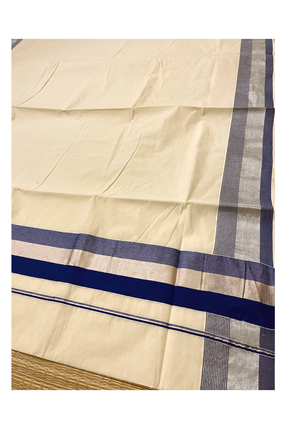 Kerala Pure Cotton Plain Saree with Silver Kasavu and Blue Border