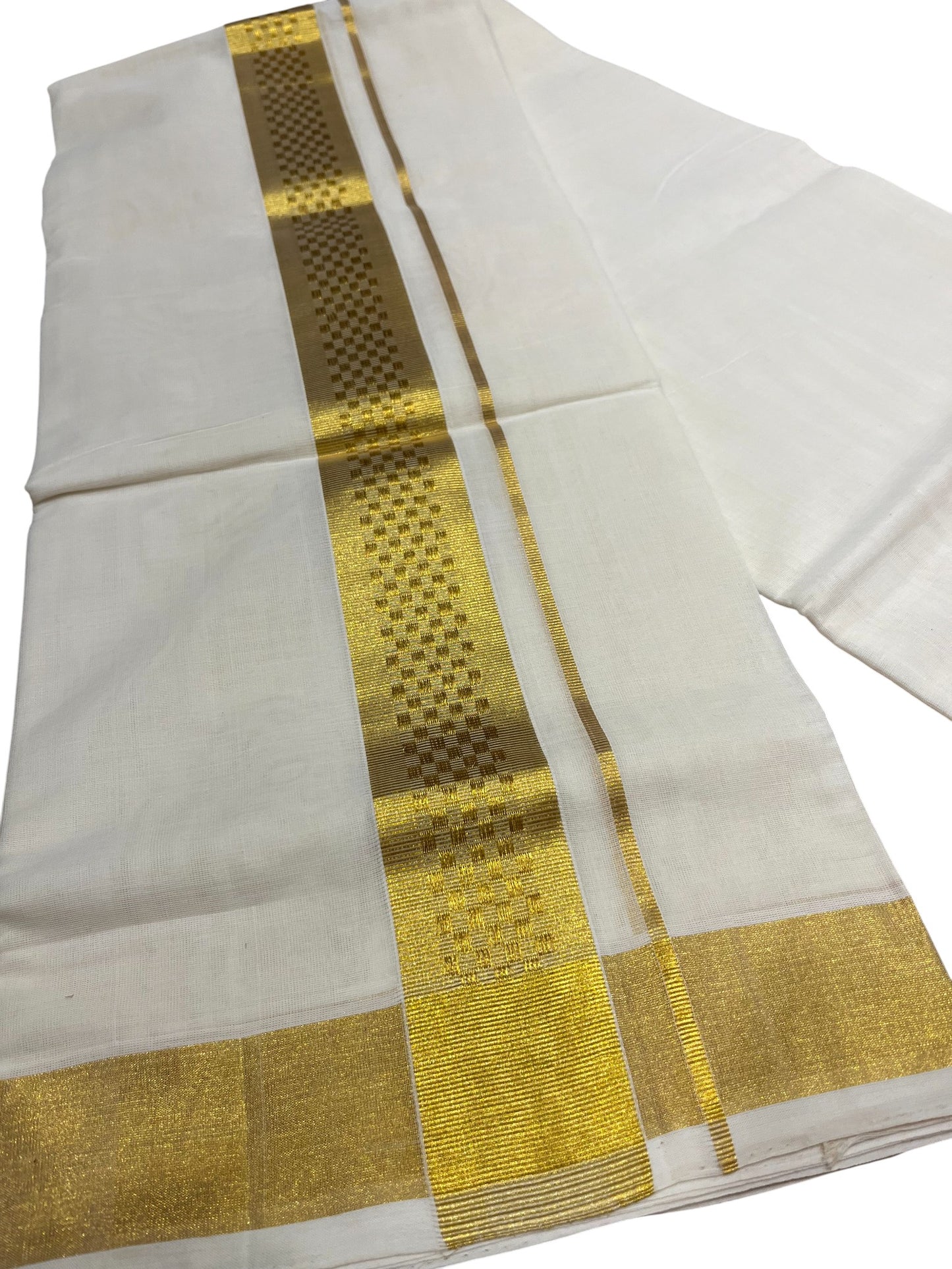 Southloom Premium Handloom Cotton Double Mundu with Gold Paaya Neythu Kasavu Border