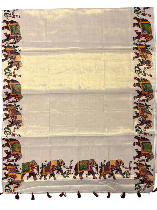 Southloom Kerala Tissue Kasavu Saree With Elephant Design on Borders