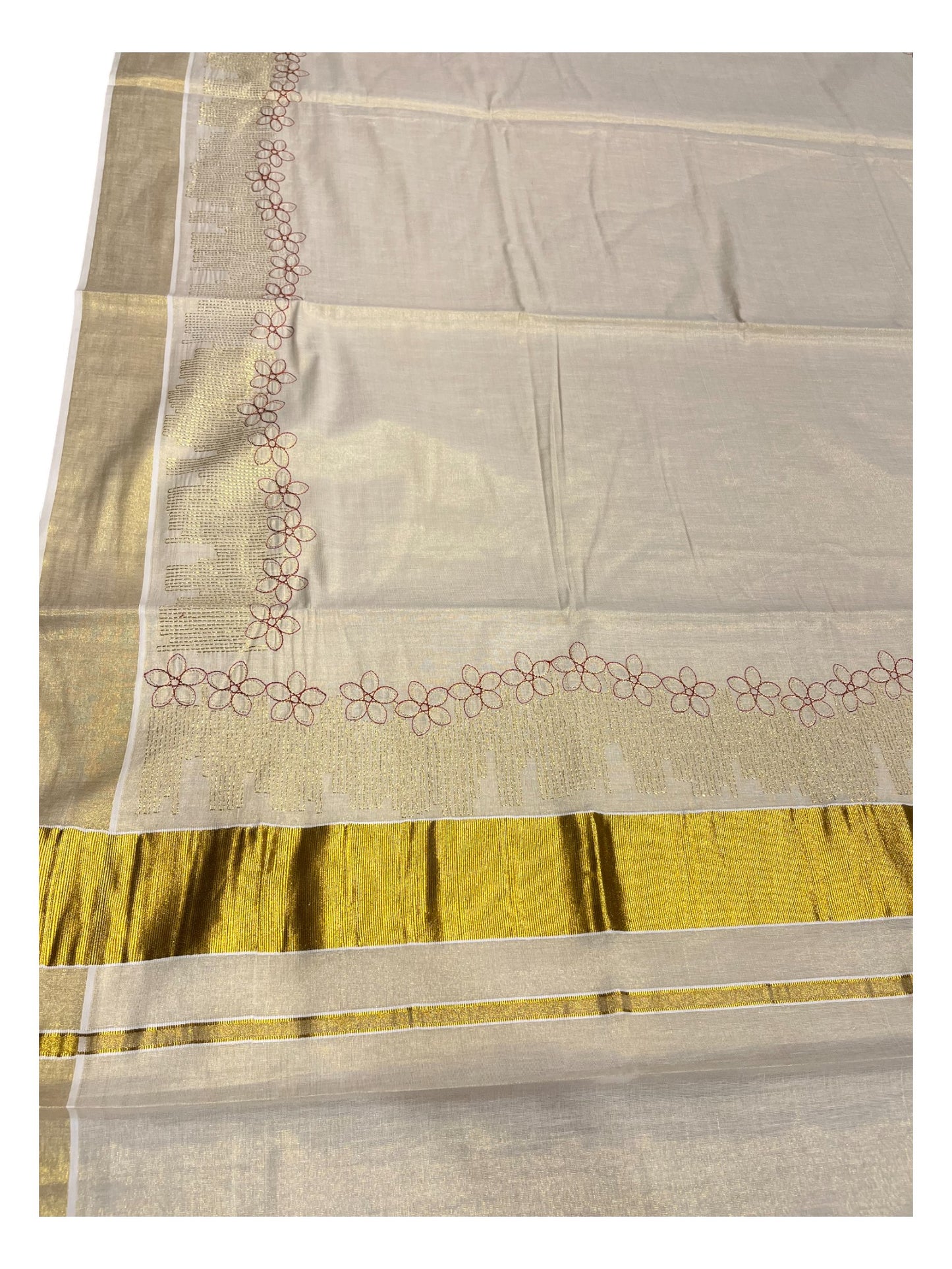 Southloom Kerala Tissue Kasavu Plain Saree with  Embroidery Works