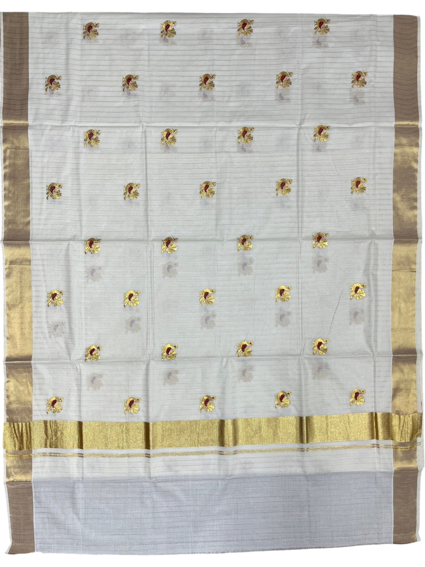 Southloom Cotton Kerala Kasavu Lines Saree with Peacock Embroidery Work on Body in Maroon