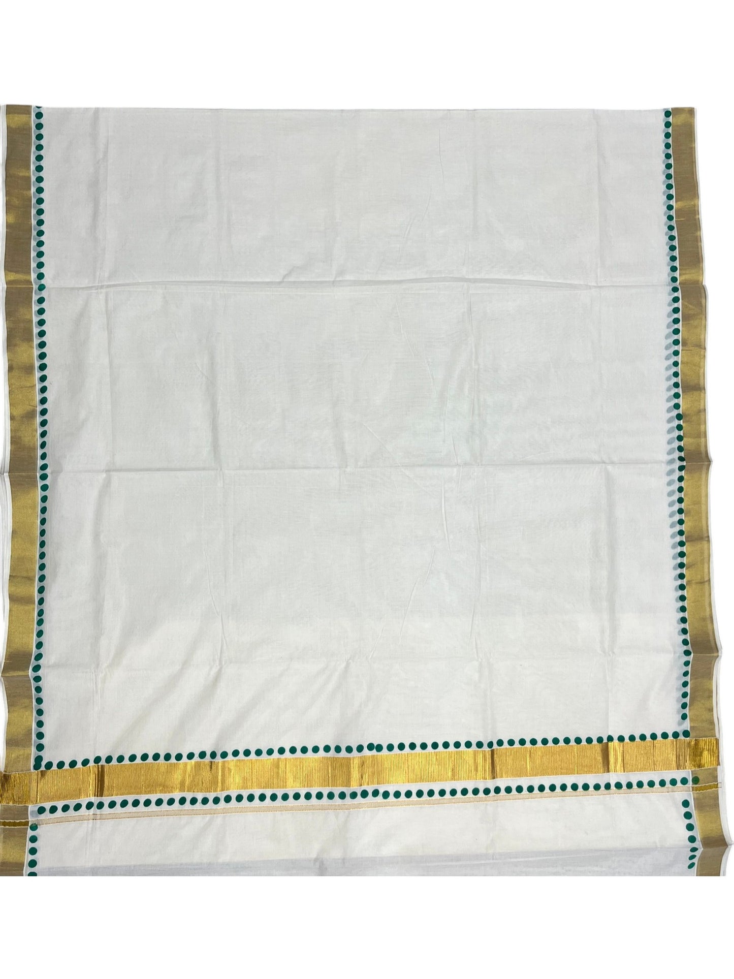 Southloom Cotton Kerala Kasavu Saree with Green Polk Dots Design Border