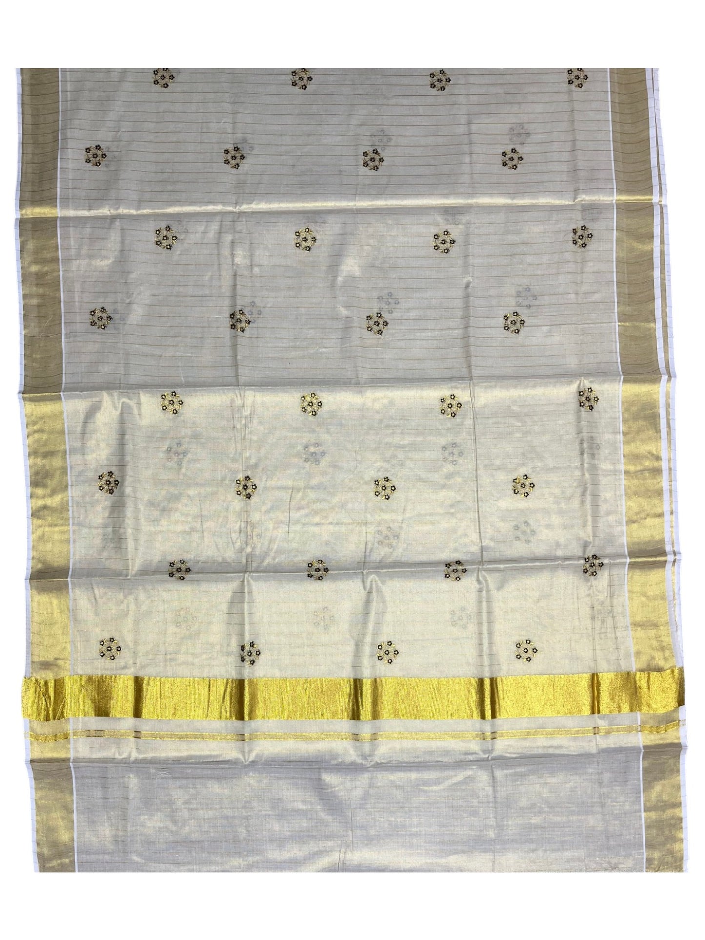 Southloom Kerala Tissue Kasavu Lines Saree with Green Floral Embroidery Design on Body