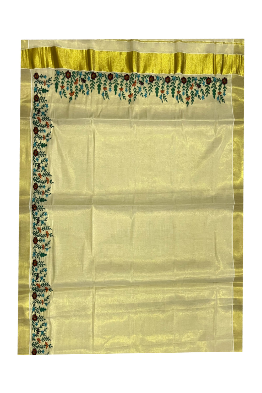 Kerala Tissue Kasavu Saree with Floral Embroidery Works on Border