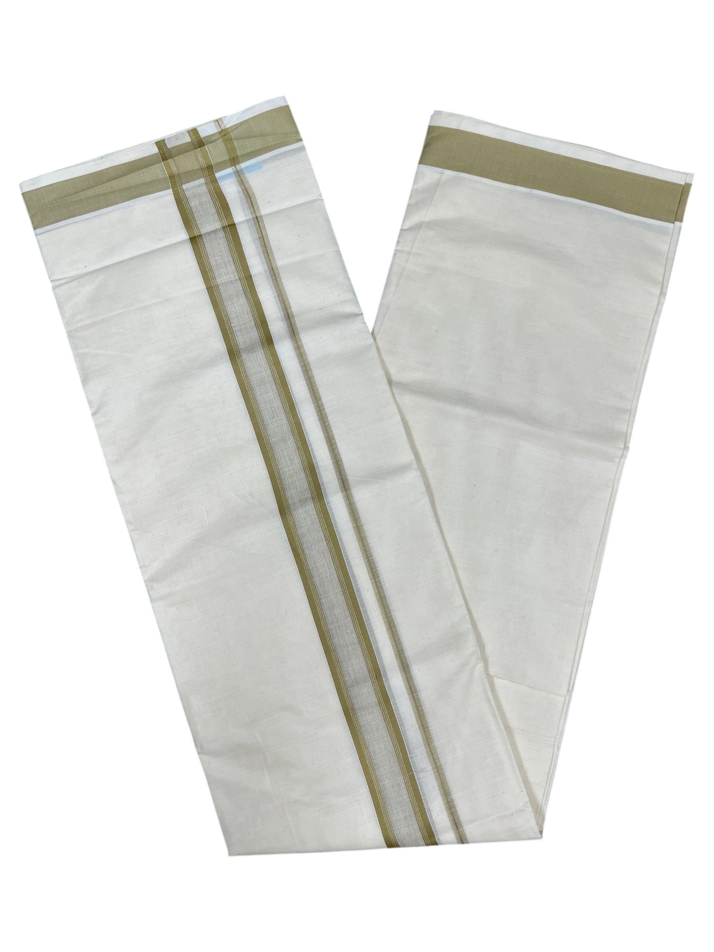 Southloom Kerala Pure Cotton Double Mundu with Olive Green Border (South Indian Kerala Dhoti)