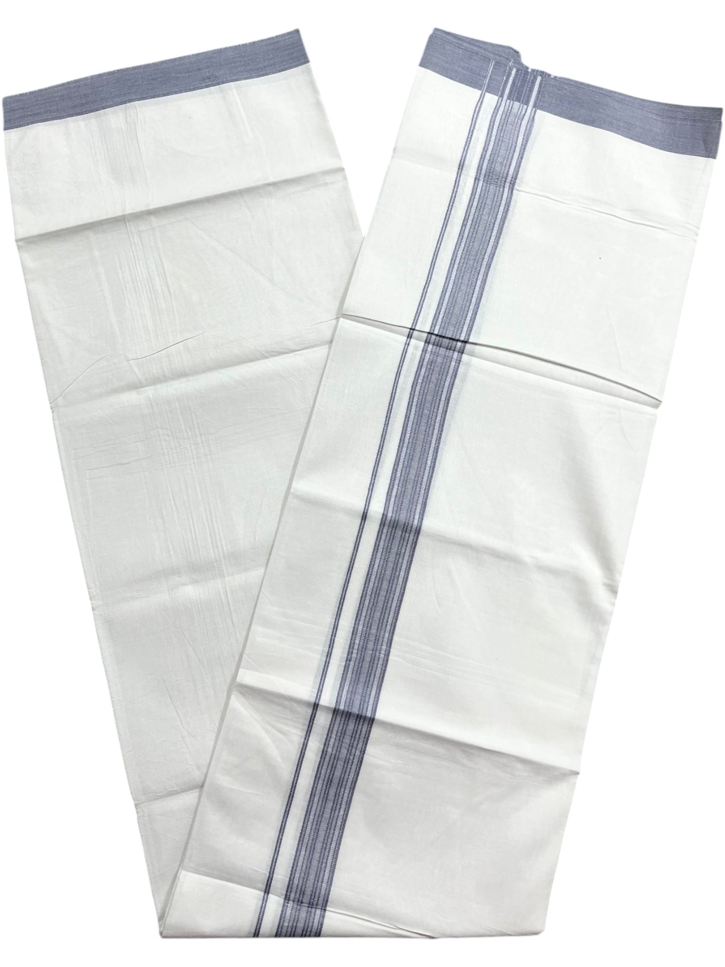 Southloom Pure White Cotton Mundu with Gray Lines Border (South Indian Kerala Dhoti)