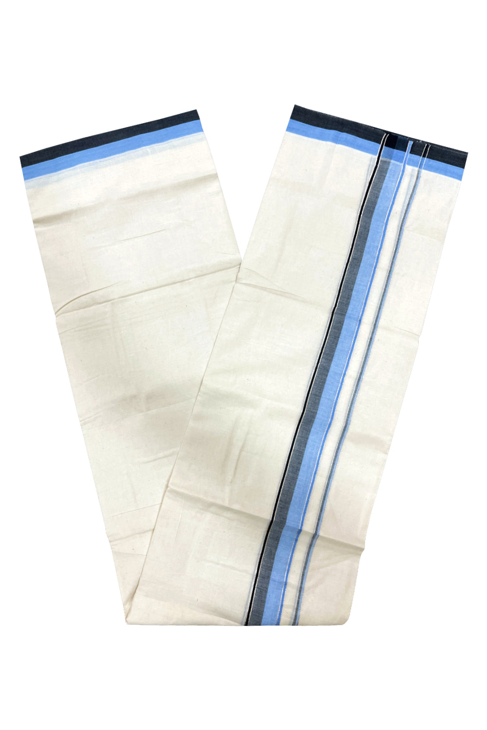 Pure Cotton Double Mundu with Silver Kasavu and Blue Black Border (South Indian Kerala Dhoti)