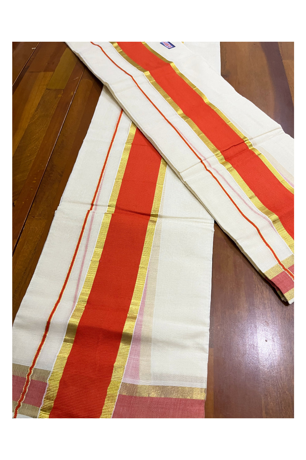 Kerala Cotton Set Mundu (Mundum Neriyathum) with Orange and Kasavu Border 2.80 Mtrs