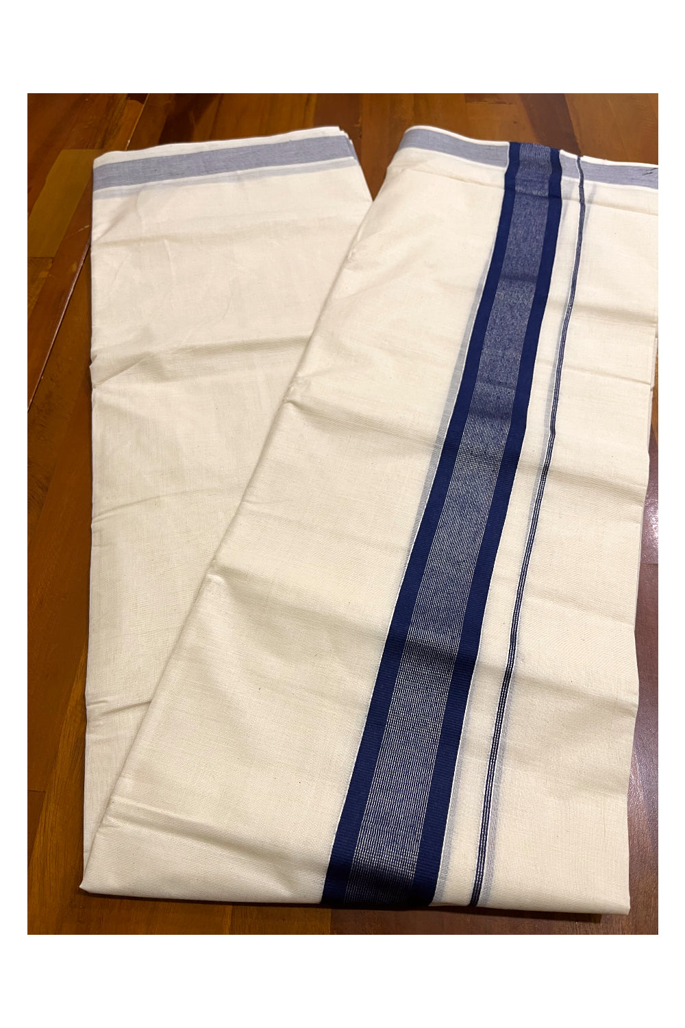 Kerala Pure Cotton Double Mundu with Dark Blue and Silver Kasavu Border (South Indian Kerala Dhoti)