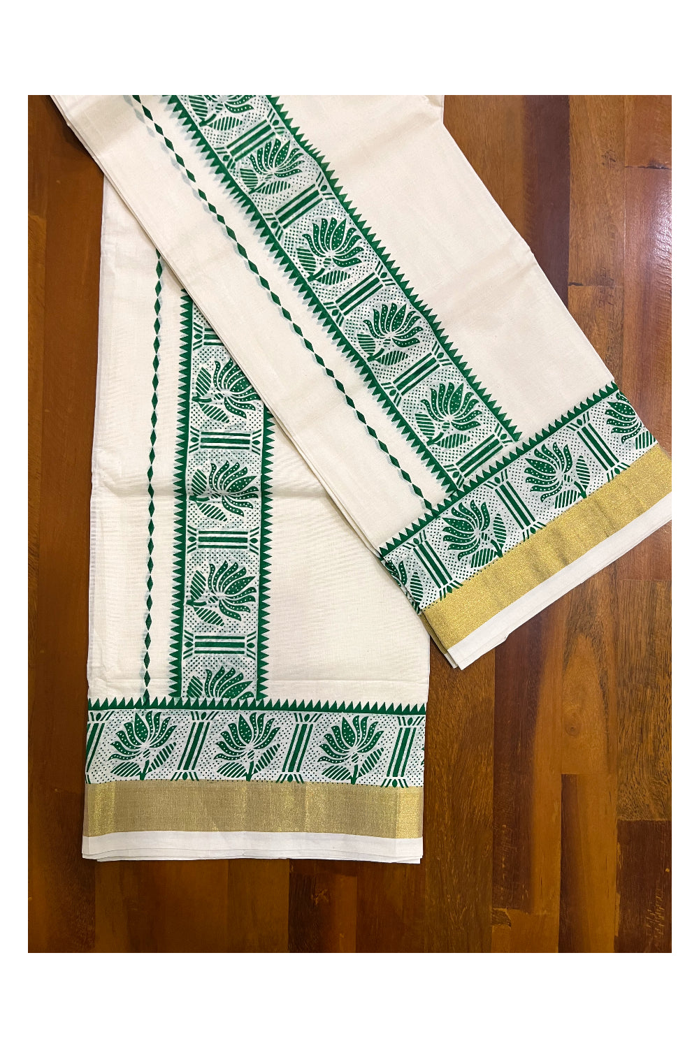Kerala Cotton Single Set Mundu (Mundum Neriyathum) with Green Block Prints and Kasavu Border - 2.80Mtrs