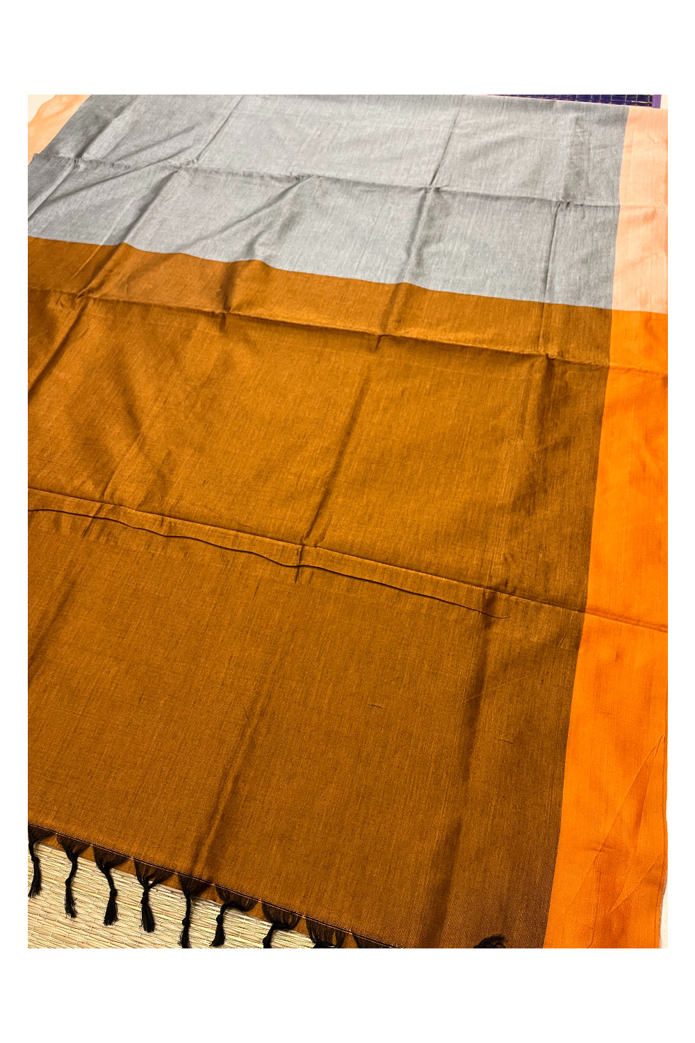 Southloom Cotton ASh Plain Saree with Light Brown on Pallu