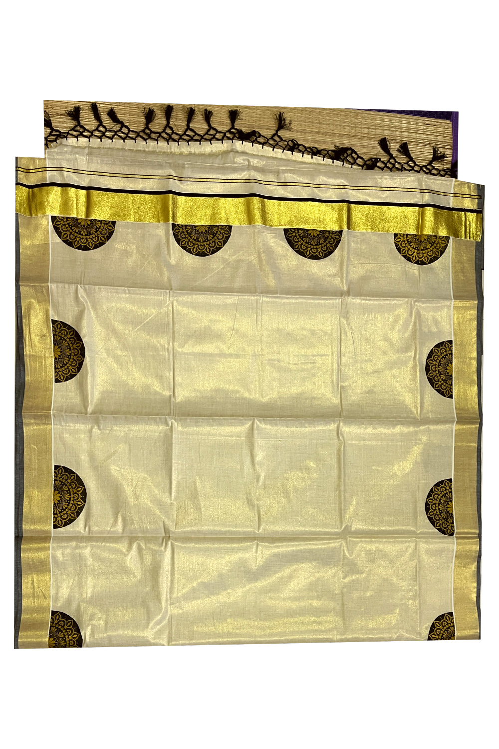 Kerala Tissue Kasavu Saree with Brown Block Prints and Kasavu Black Border