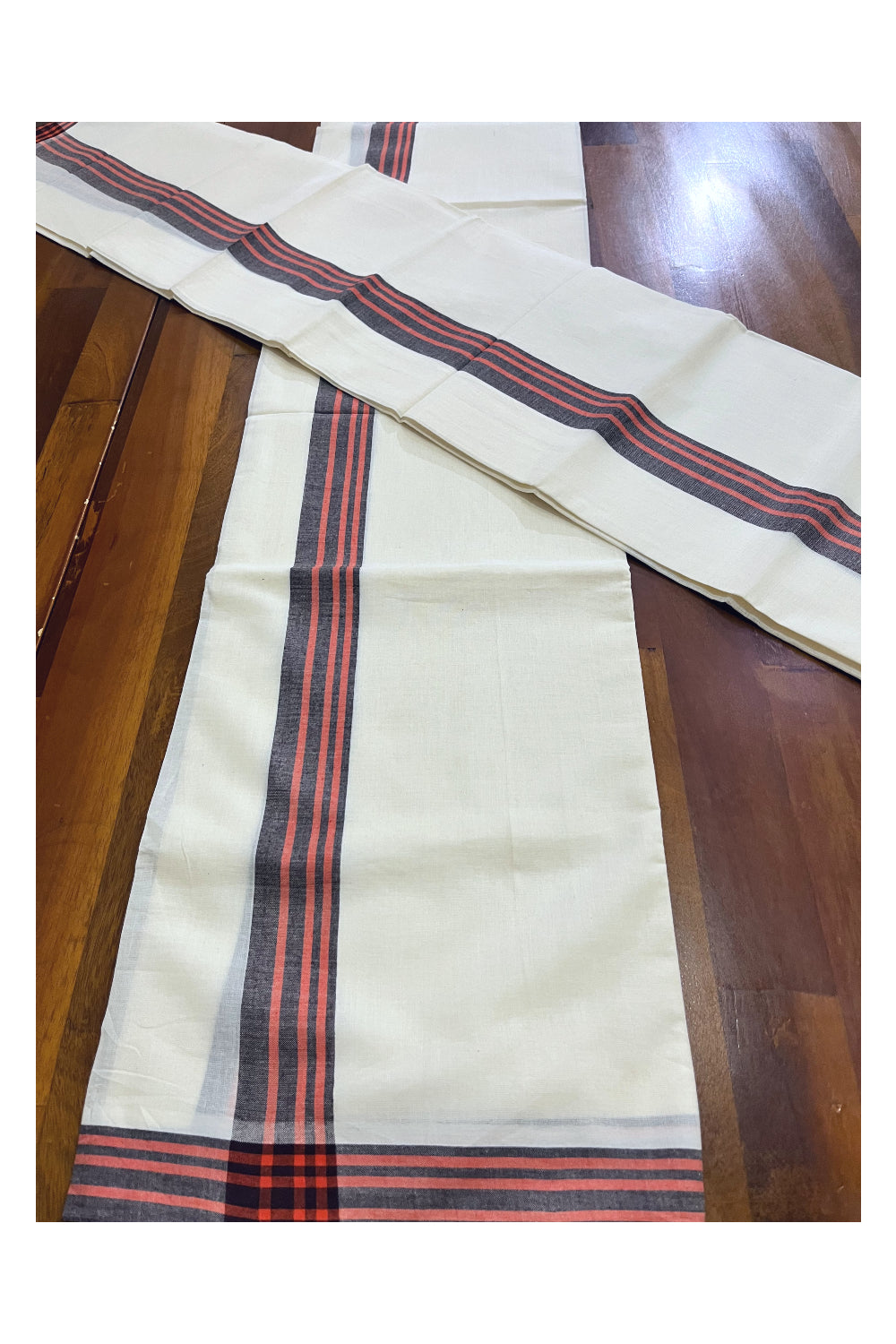 Kerala Cotton Mulloth Mundum Neriyathum Single (Set Mundu) with Brown Orange Border (Extra Soft Cotton) 2.80 Mtrs