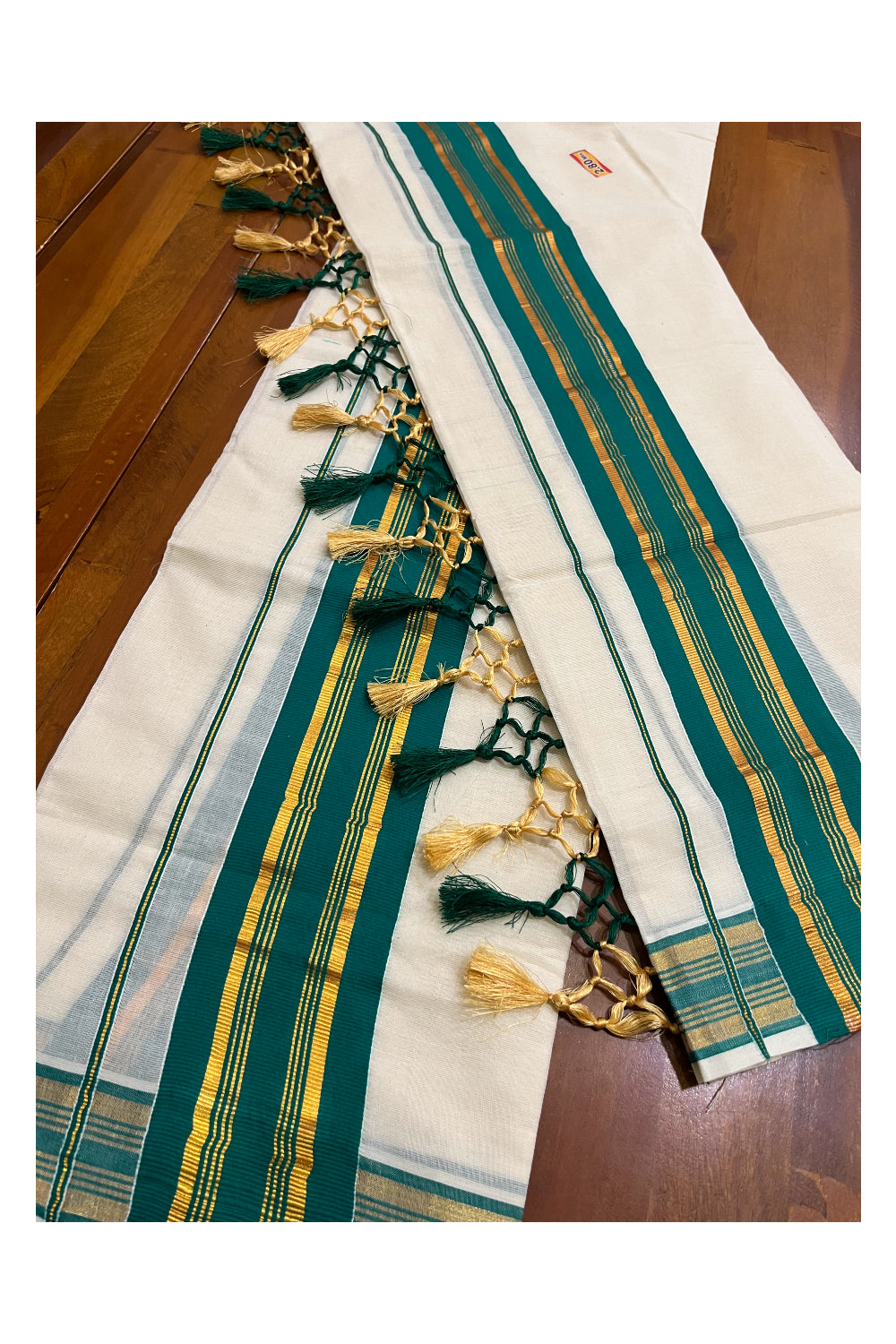 Cotton Kerala Set Mundu (Mundum Neriyathum) with Green and Kasavu Border and Tassels 2.80 Mtrs