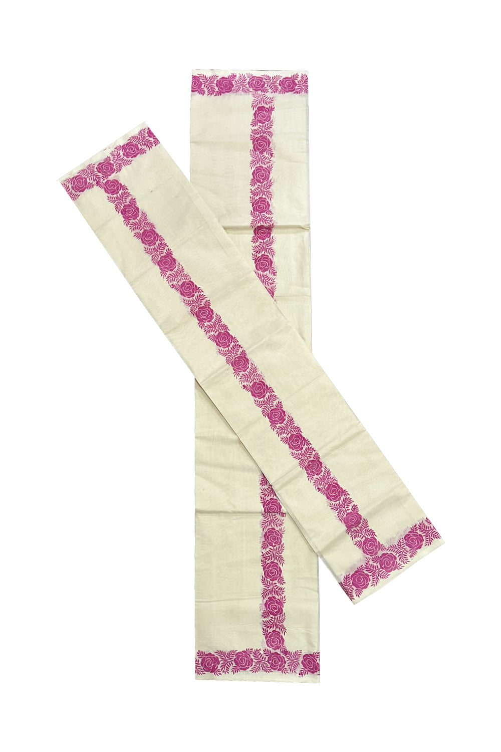 Kerala Cotton Set Mundu (Mundum Neriyathum) with Pink Floral Block Printed Border (Onam Set Mundu 2023)