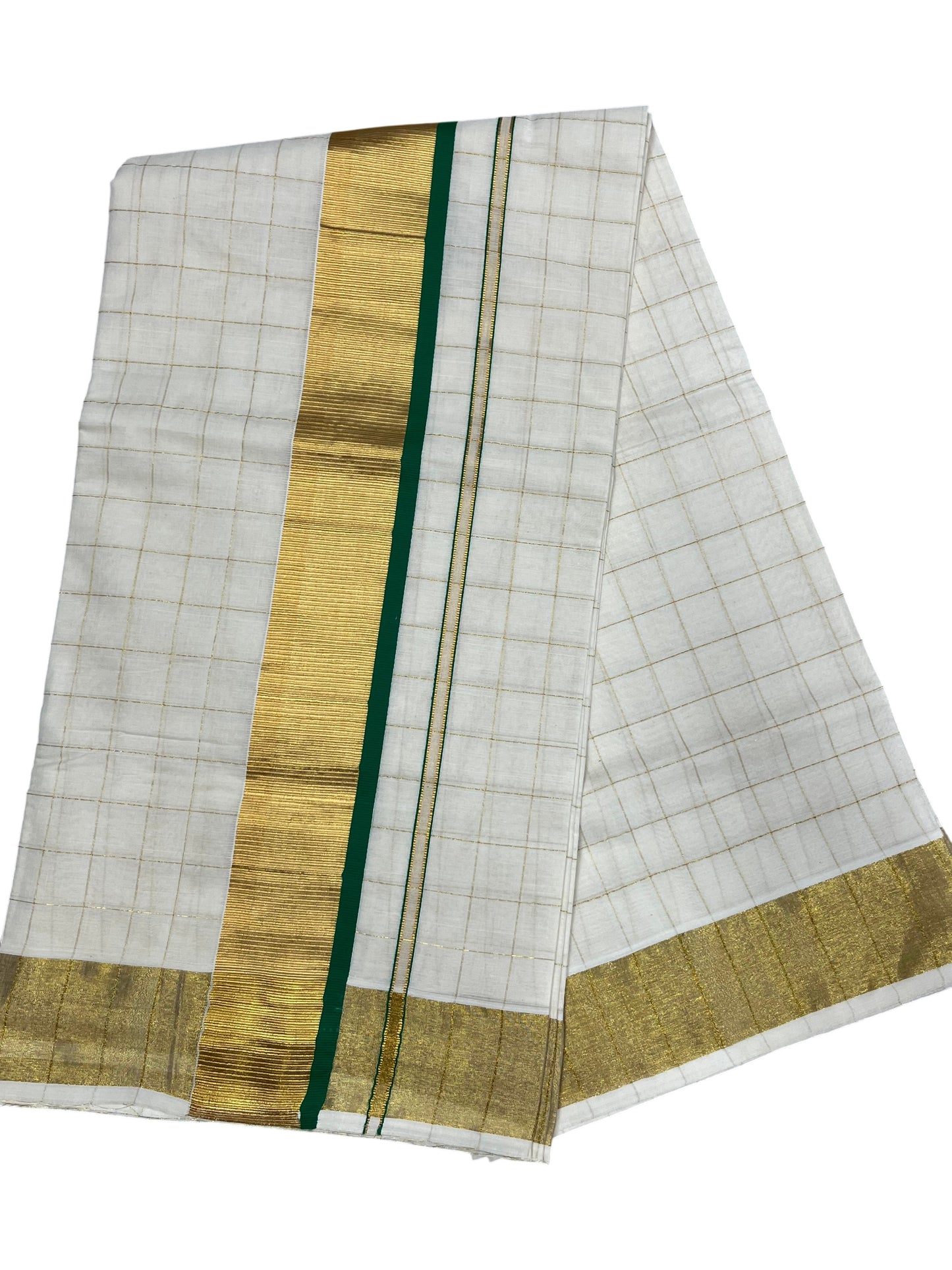 Southloom Pure Cotton  Kerala  Kasavu Woven Check Saree with Green Border