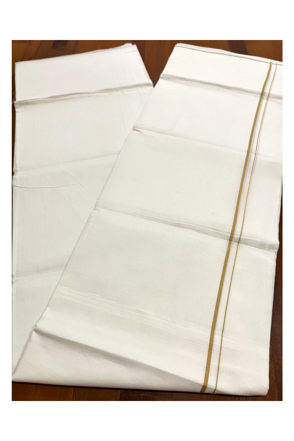 Pure White Kerala Cotton Double Mundu with Light Brown Thin Kara (South Indian Kerala Dhoti)