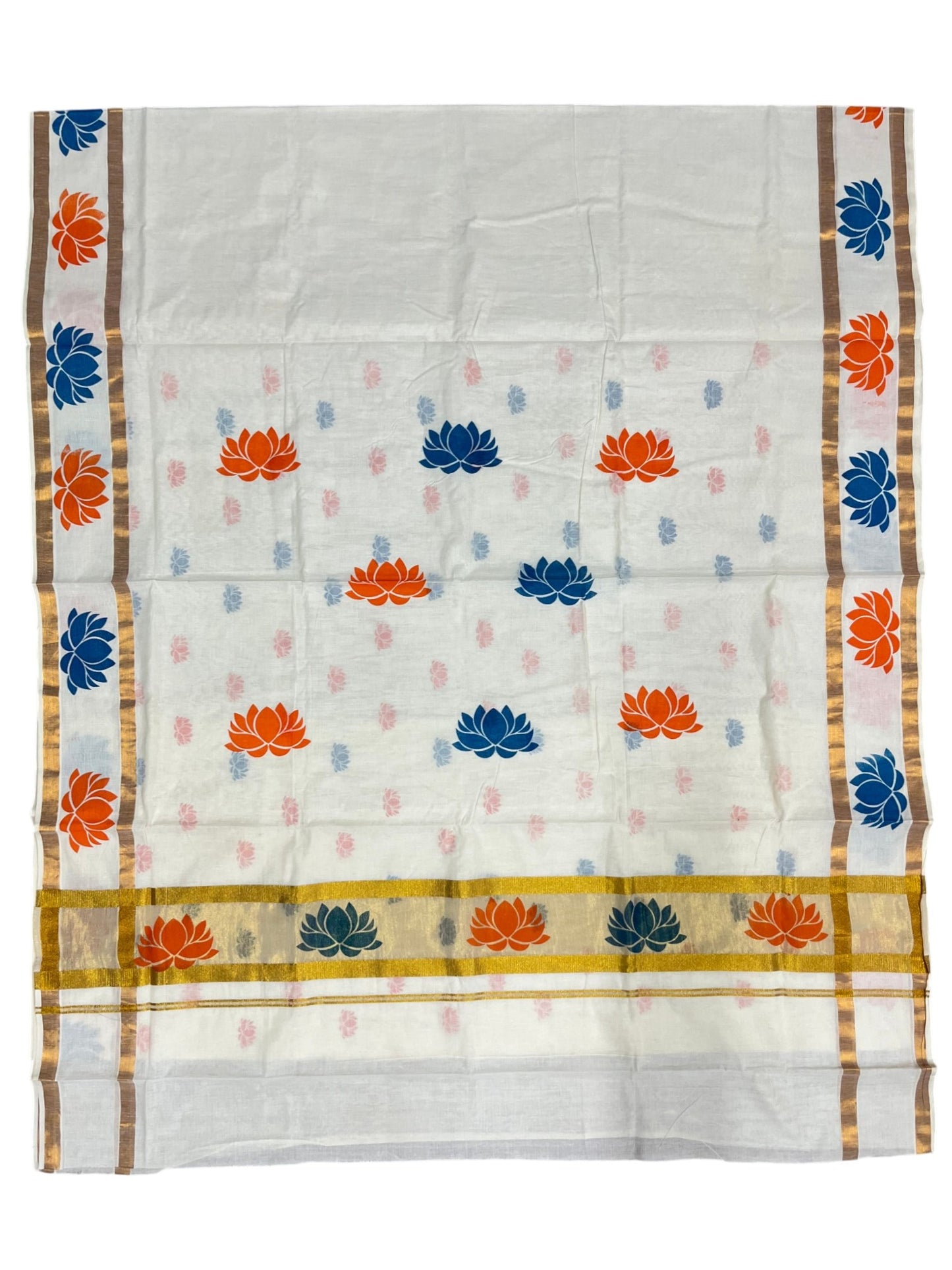 Southloom Cotton Kerala Kasavu Saree with Lotus Block Prints on Body and Border in Blue and Orange